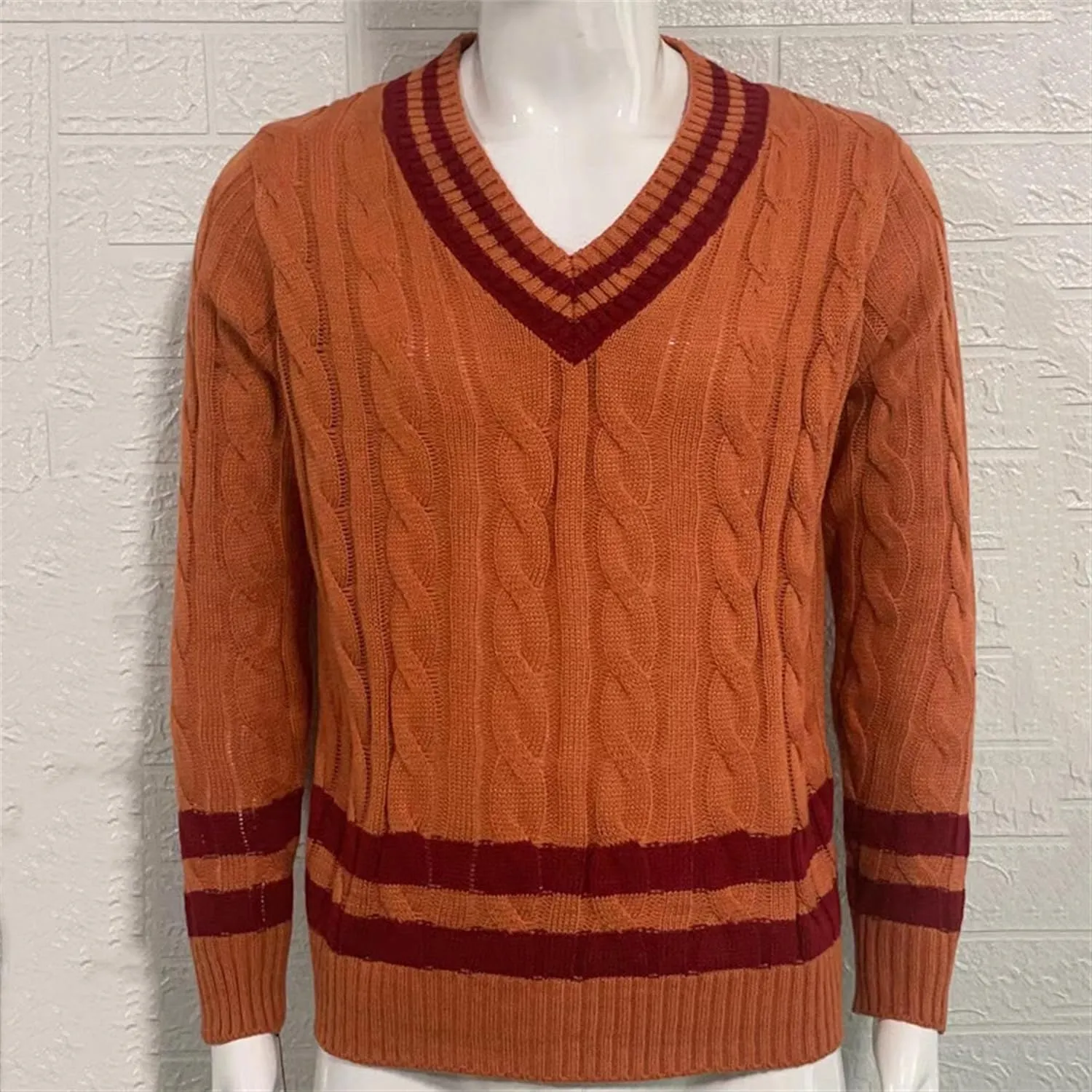 Men's V-Neck Color Matching Sweater Male Ribbed Knitted Cable Slim Fit Pullovers Man Color Block Ribbed Sweaters