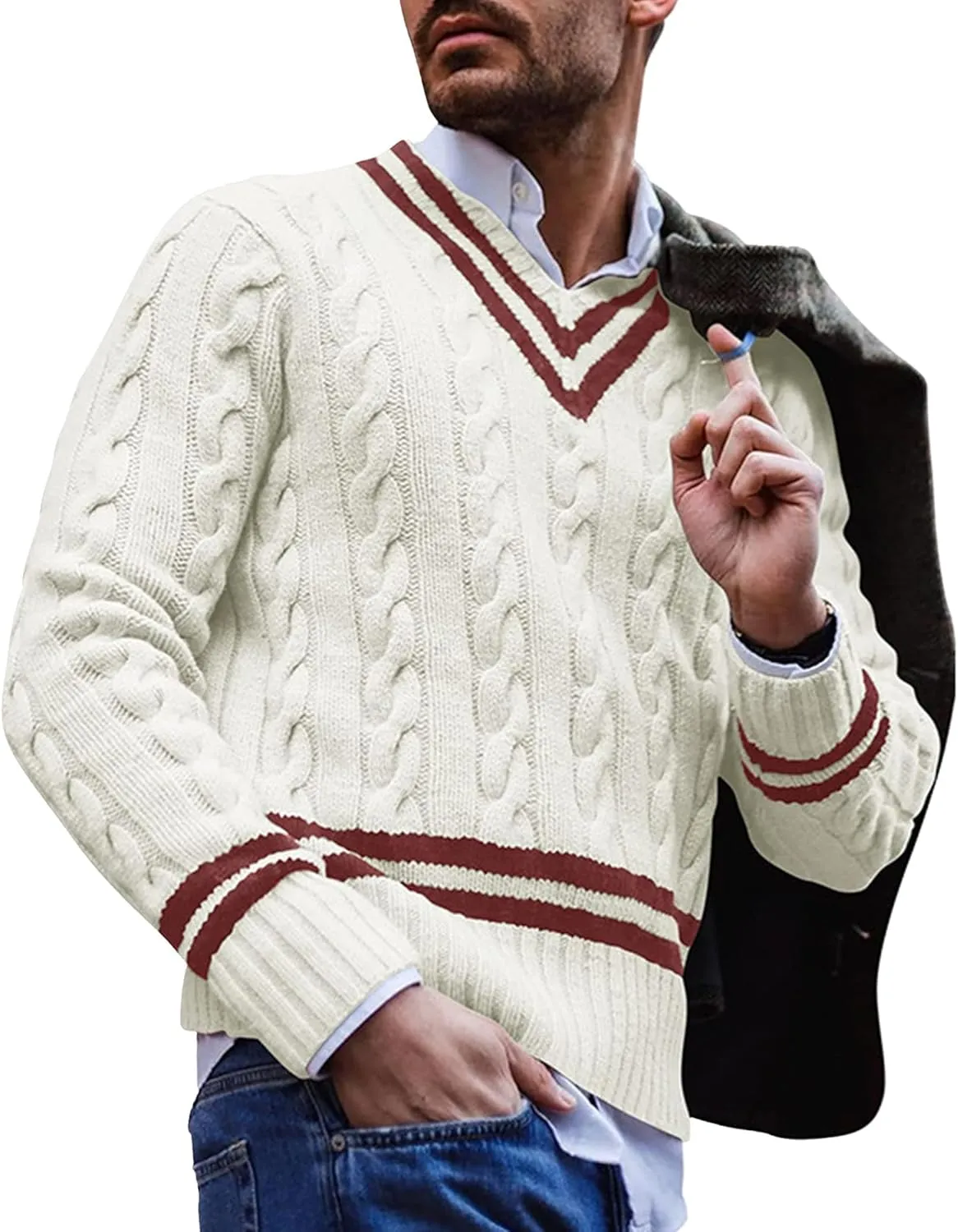 Men's V-Neck Color Matching Sweater Male Ribbed Knitted Cable Slim Fit Pullovers Man Color Block Ribbed Sweaters