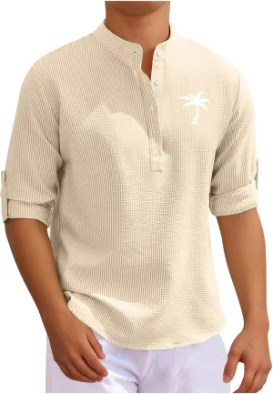 Men's Waffle Henley Shirt Trendy 3/4 Sleeve Camp Collar Dress Formal T-Shirts Hipster Summer Palm Beach Hippie Shirts