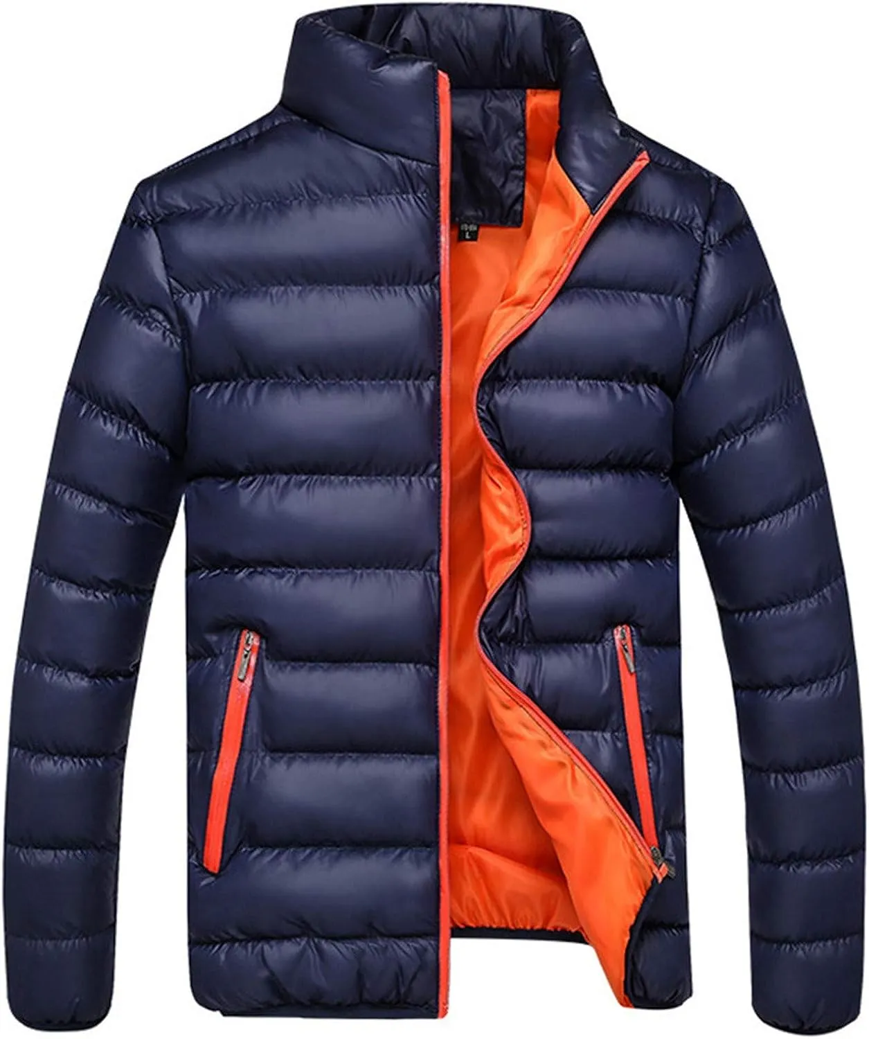 Mens Winter Jacket No Hood Quilted Puffer Down Jacket Full Zip Up Warm Thick Coats Cold Weather Work Outerwear