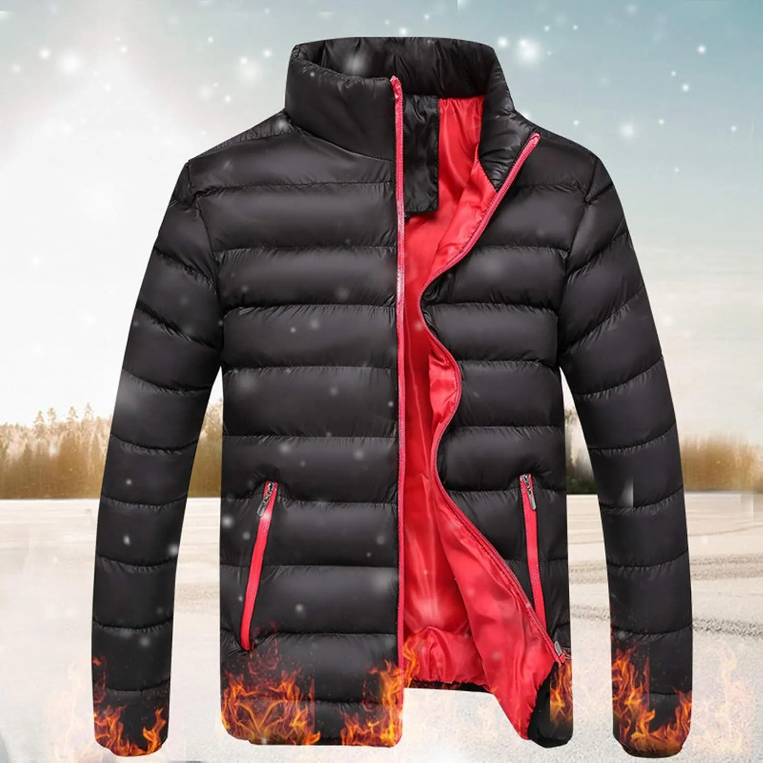 Mens Winter Jacket No Hood Quilted Puffer Down Jacket Full Zip Up Warm Thick Coats Cold Weather Work Outerwear