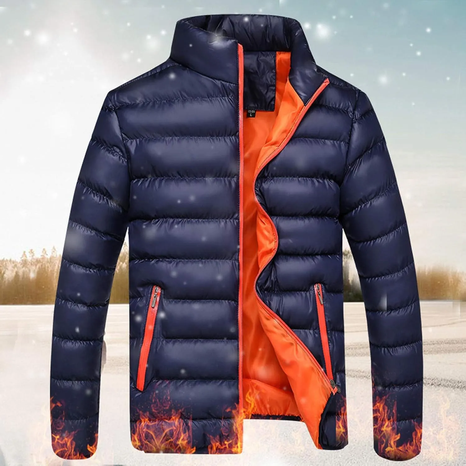 Mens Winter Jacket No Hood Quilted Puffer Down Jacket Full Zip Up Warm Thick Coats Cold Weather Work Outerwear