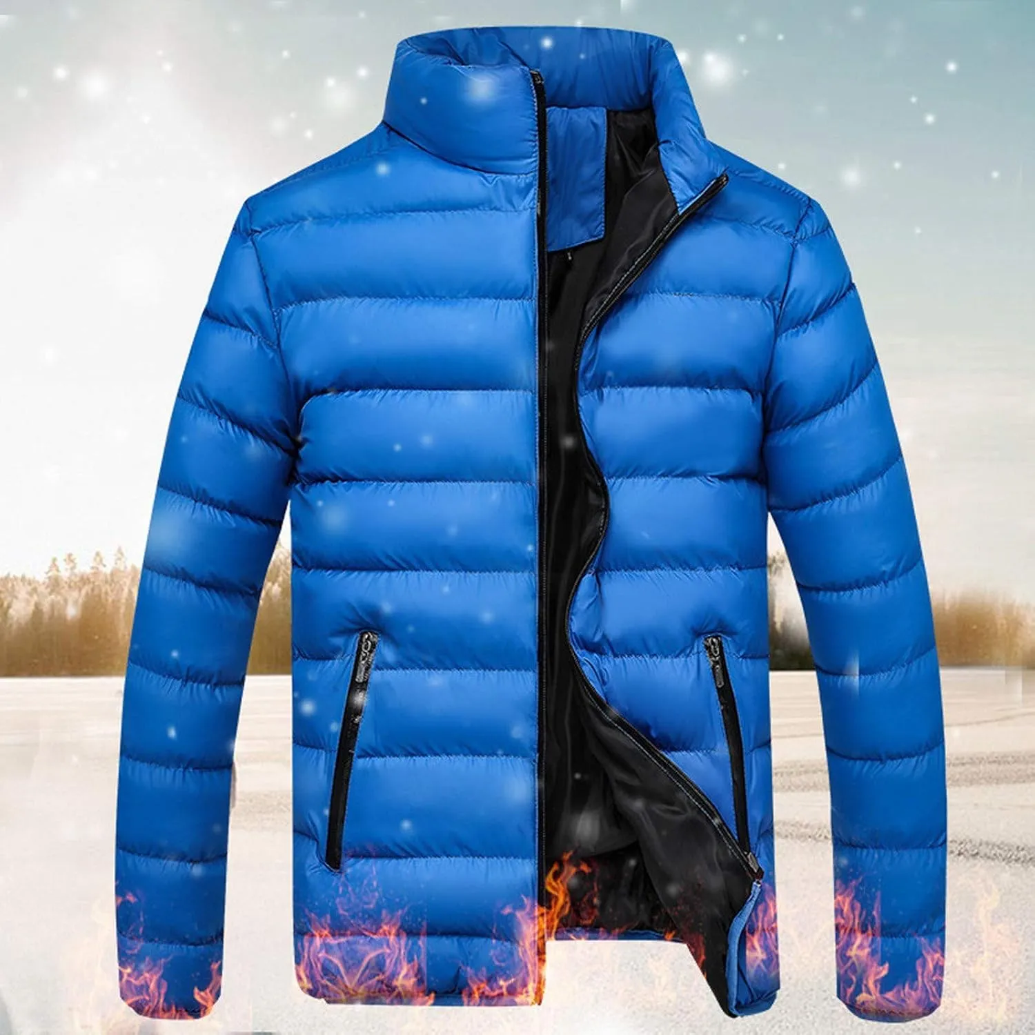 Mens Winter Jacket No Hood Quilted Puffer Down Jacket Full Zip Up Warm Thick Coats Cold Weather Work Outerwear