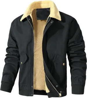 Mens Winter Jacket Warm Fleece Lined Jacket Sherpa Turn-Down Collar Jacket Solid Color Thick Outdoor Coats