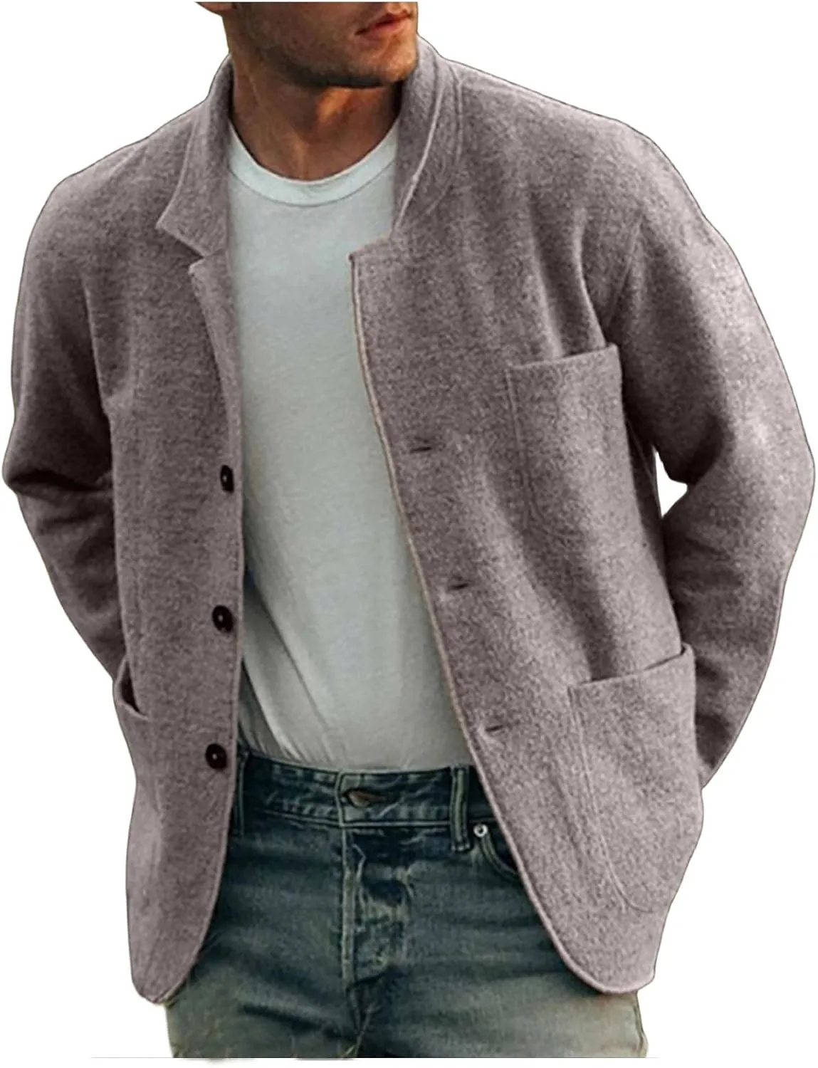 Mens Wool Blend Jacket Lightweight Casual Outwear Notch Lapel Shacket Jacket Single Breasted Coat with Pockets
