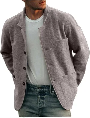 Mens Wool Blend Jacket Lightweight Casual Outwear Notch Lapel Shacket Jacket Single Breasted Coat with Pockets