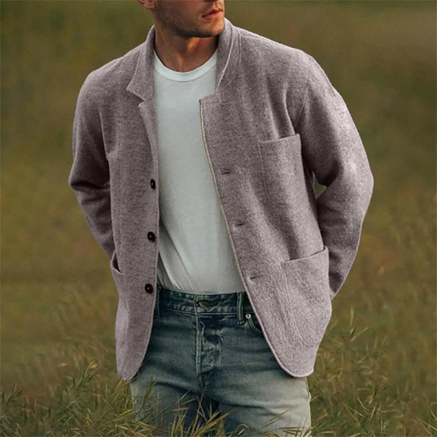Mens Wool Blend Jacket Lightweight Casual Outwear Notch Lapel Shacket Jacket Single Breasted Coat with Pockets