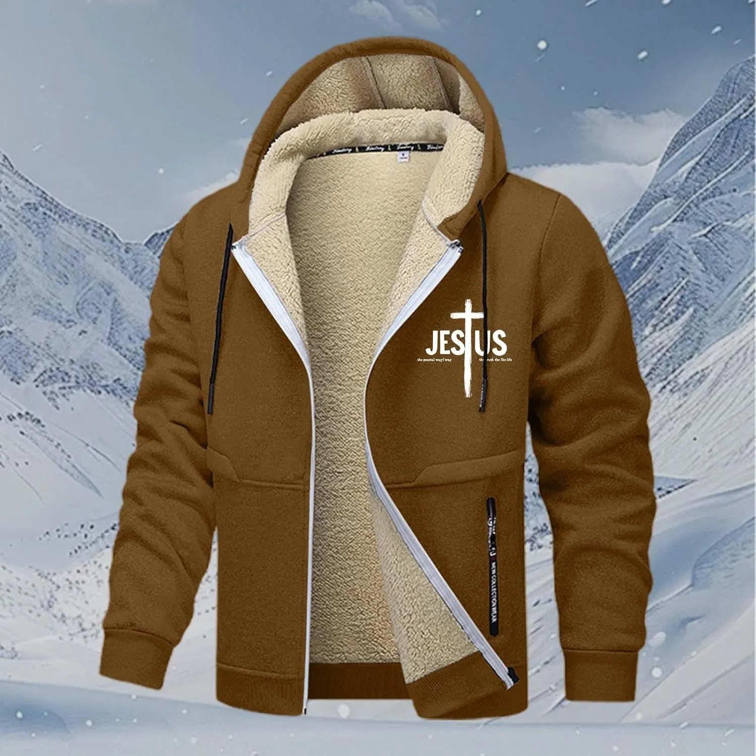 Mens Zip up Hoodie Warm Sherpa Fleece Lined Winter Jackets Casual Long Sleeve Hooded Drawstring Coats with Pockets