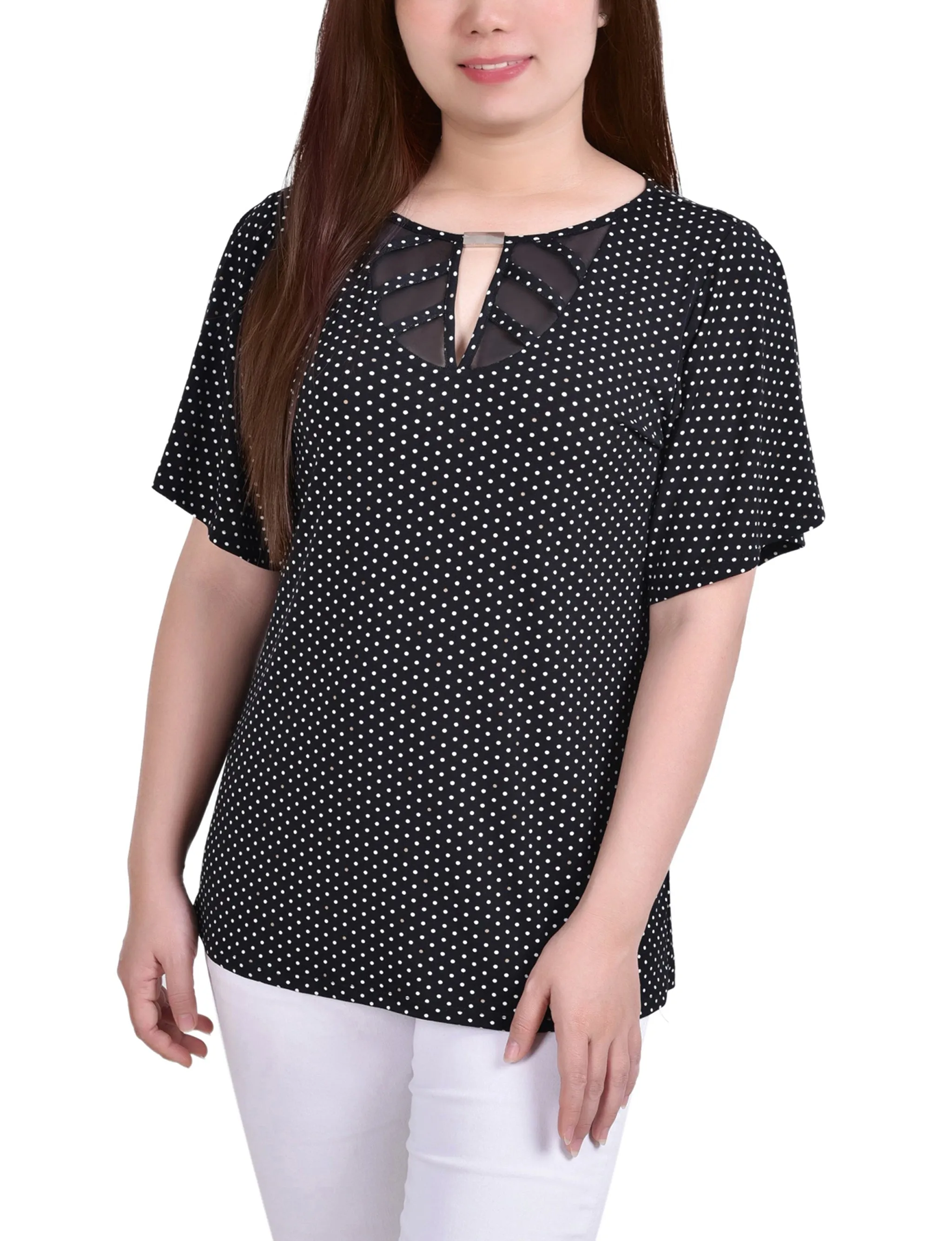Mesh Flutter Sleeve Knit Top Printed Blouse
