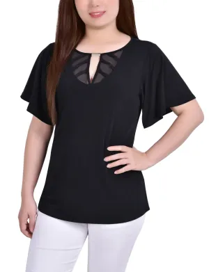 Double Layered Hem Reinforcement Mesh Flutter Sleeve Knit Top