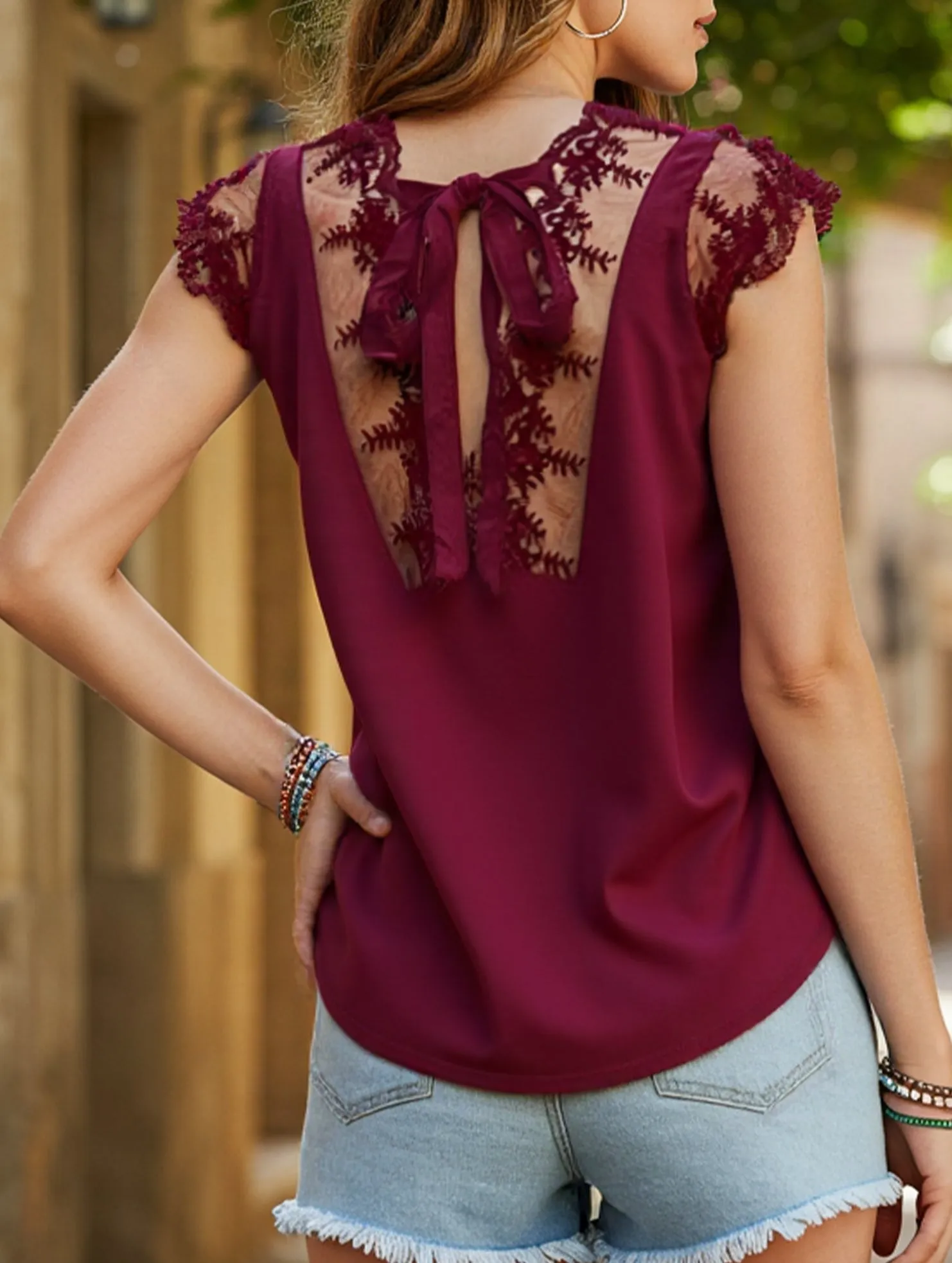 MESH LACE POINT CAP SLEEVE CHIFFON BLOUSE ReinforcedEdges LightweightLayeredFabric