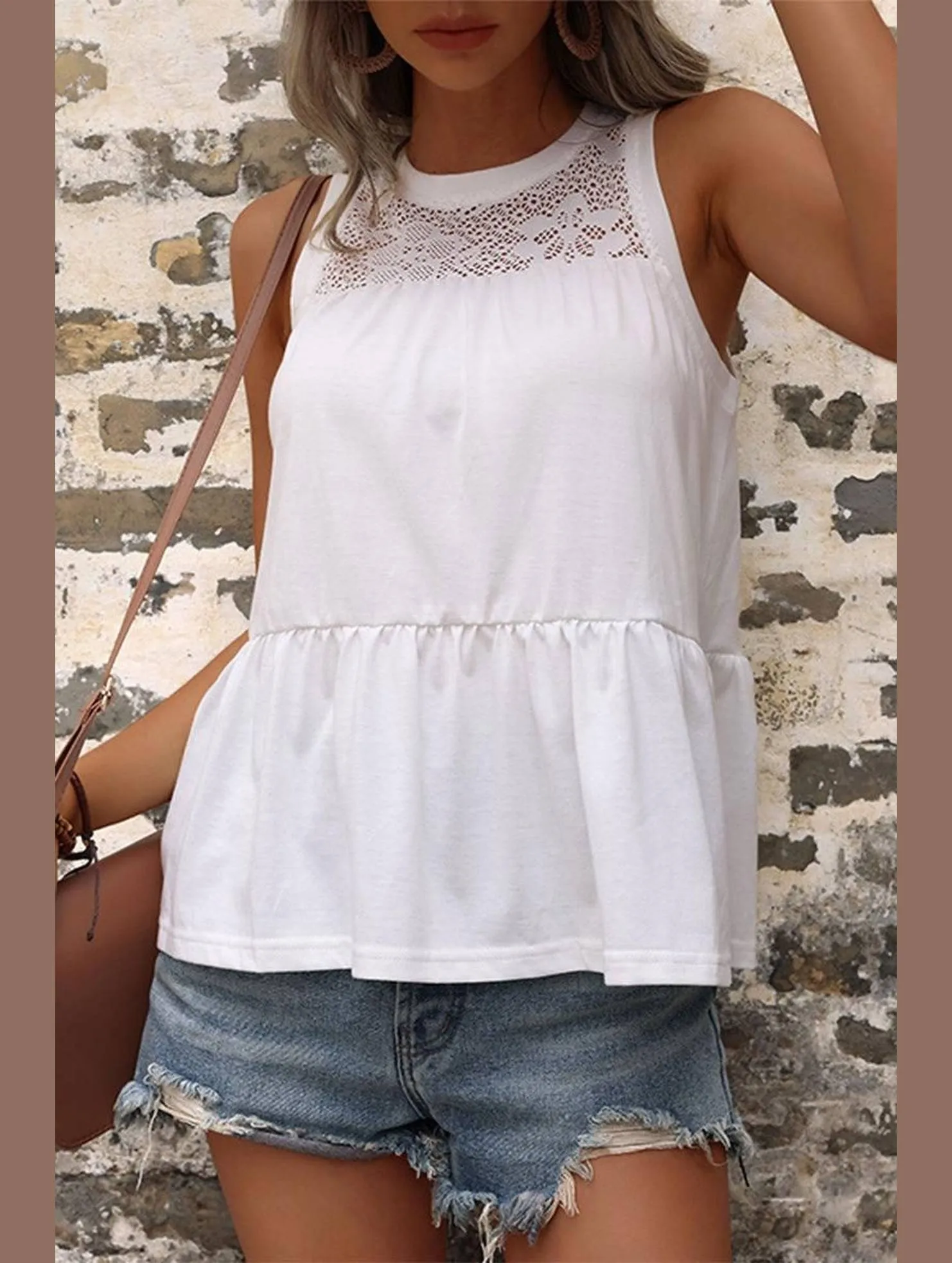 Stain Resistant Treatment Ribbed Knit Fabric MESH LACED NECK TIERED SLEEVELESS TUNIC TOP