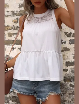 MESH LACED NECK TIERED SLEEVELESS TUNIC TOP Durable Color Retention UltraSoft Lining