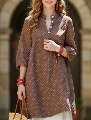 Reflective Safety Accents Minimalist Detailing Retro Polka Dot Casual Loose Midi Shirt