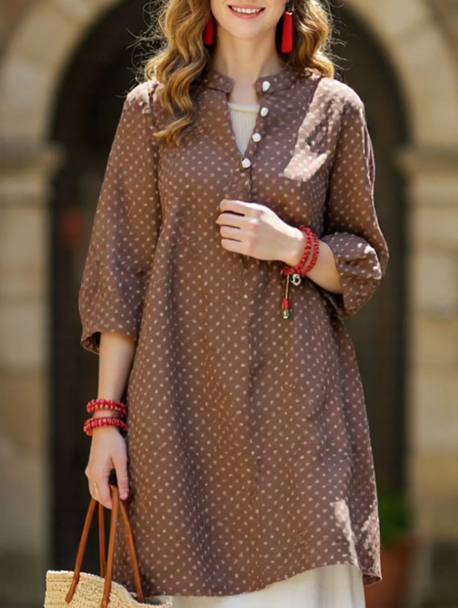 Retro Polka Dot Casual Loose Midi Shirt TumbleDryFriendlyMaterial Recycled Fiber Blend