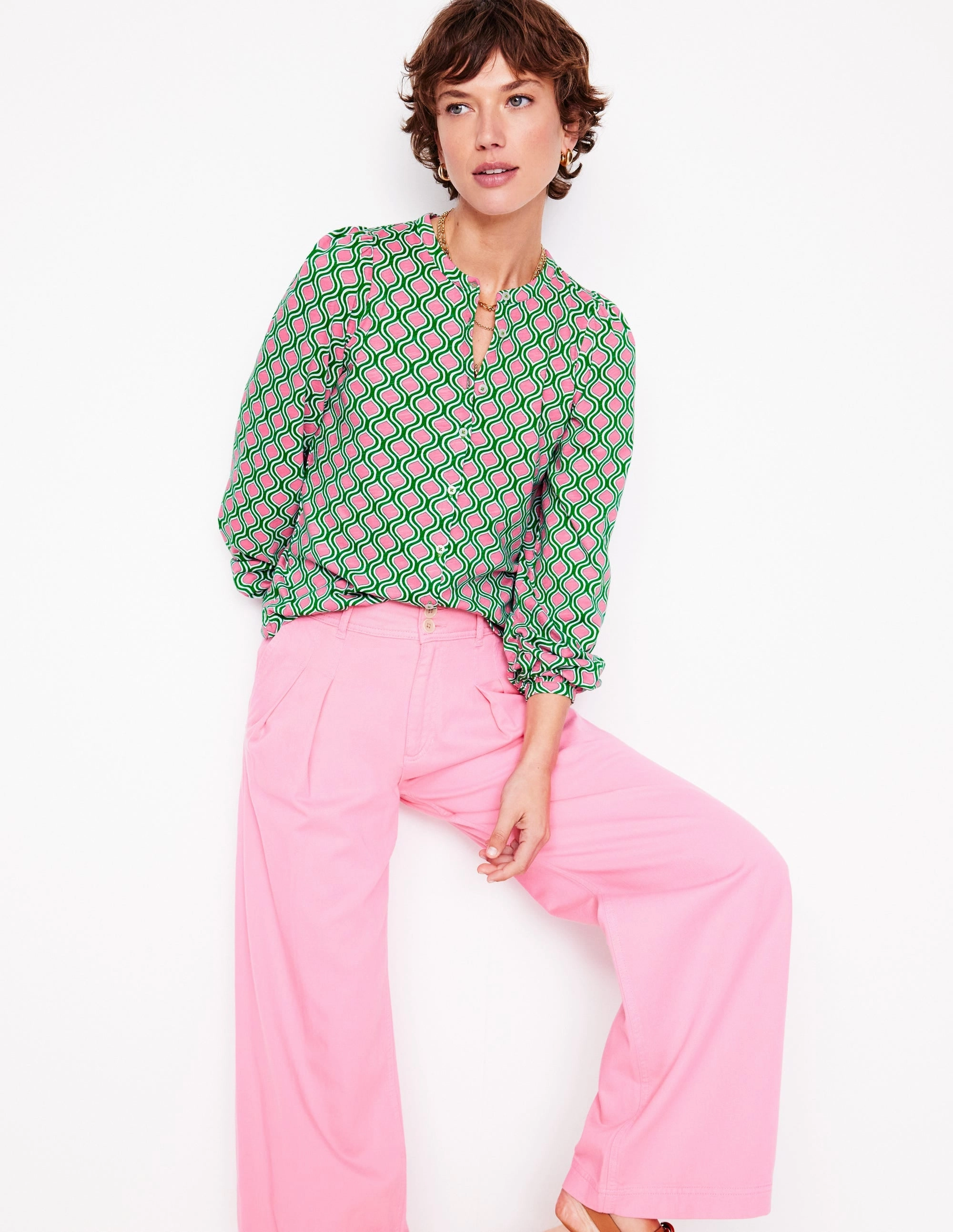 CroppedLength ThermalLining Marina Jersey Shirt-Rich Emerald, Geo Trellis