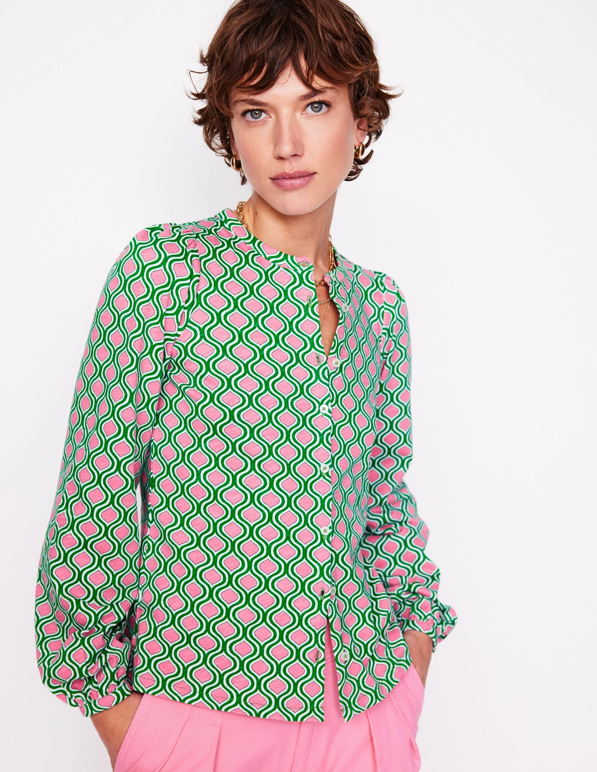 Stretch Blouse Quick Dry Technology Marina Jersey Shirt-Rich Emerald, Geo Trellis