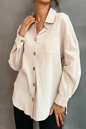 BUTTON DOWN SOLID LOOSE FIT BLOUSE SHIRTS Smooth Stitching Reinforced Hemline