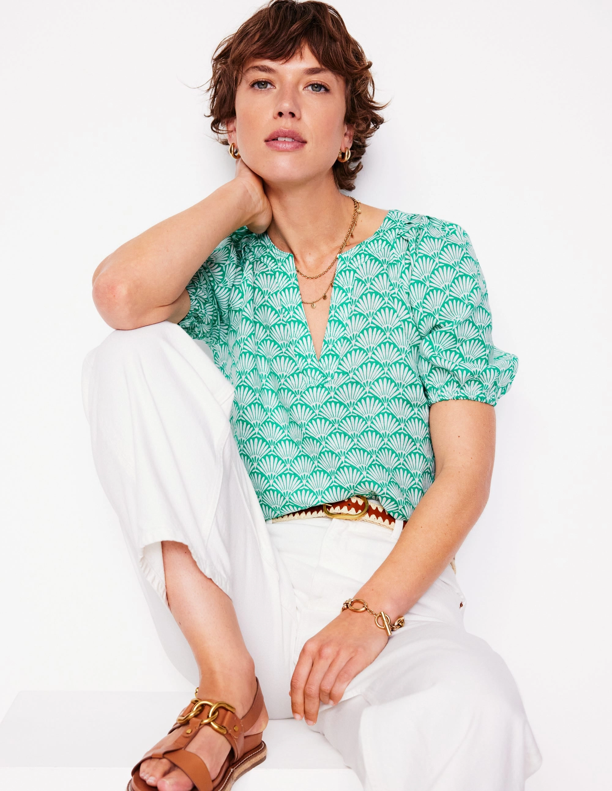 AntiPillingTechnology Brooke Linen Top-Aquamarine, Deco Palm
