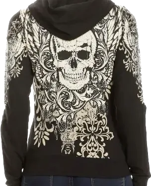 Metallic Rhinestone Skull Zip Up Hoodie