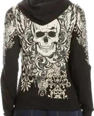 Metallic Rhinestone Skull Zip Up Hoodie