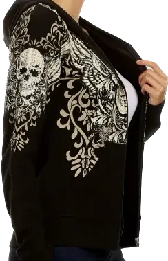 Metallic Rhinestone Skull Zip Up Hoodie