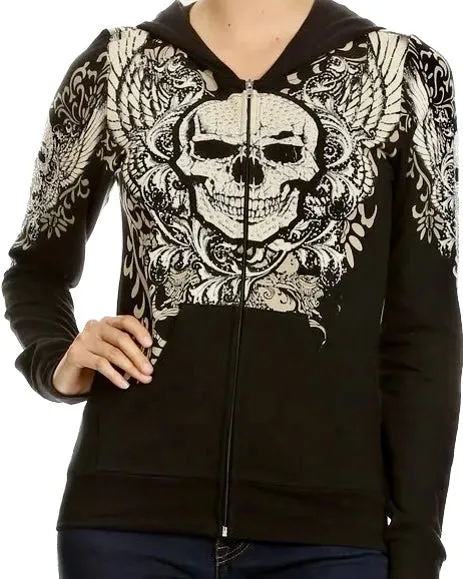 Metallic Rhinestone Skull Zip Up Hoodie