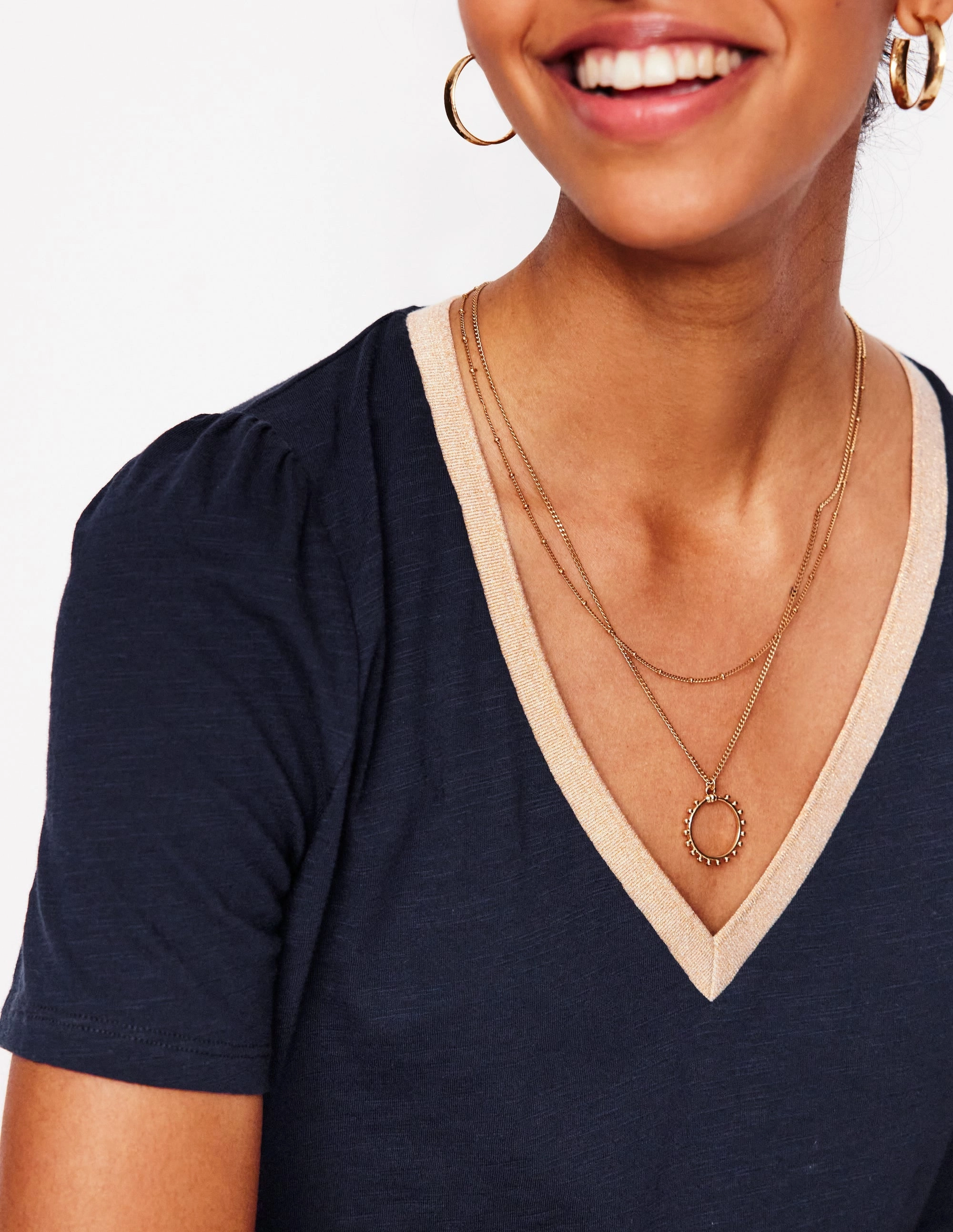 Metallic Trim V Neck T-shirt-Navy Reinforced Shoulders