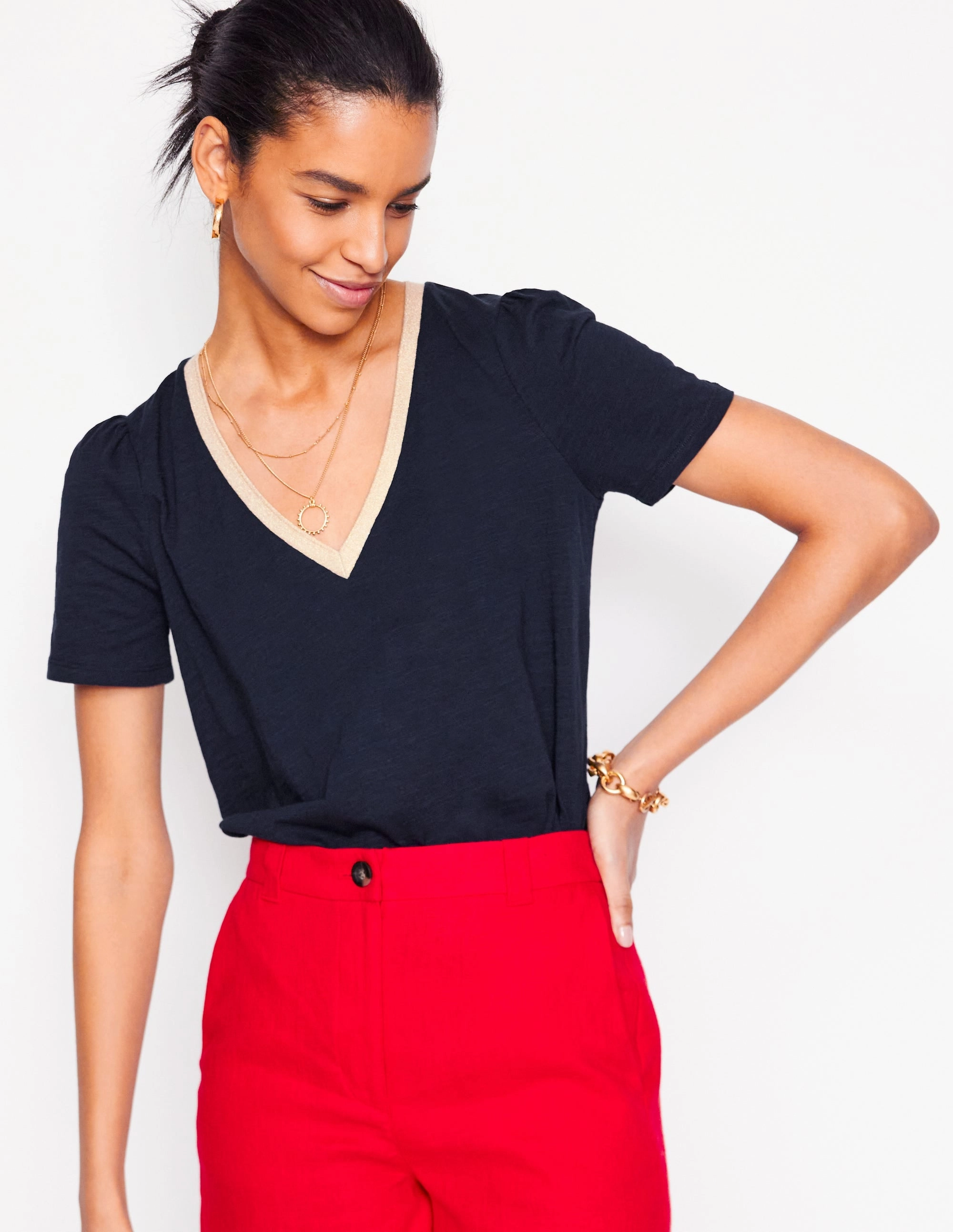 Layered Panel Construction Anti Static Weave Technology Metallic Trim V Neck T-shirt-Navy