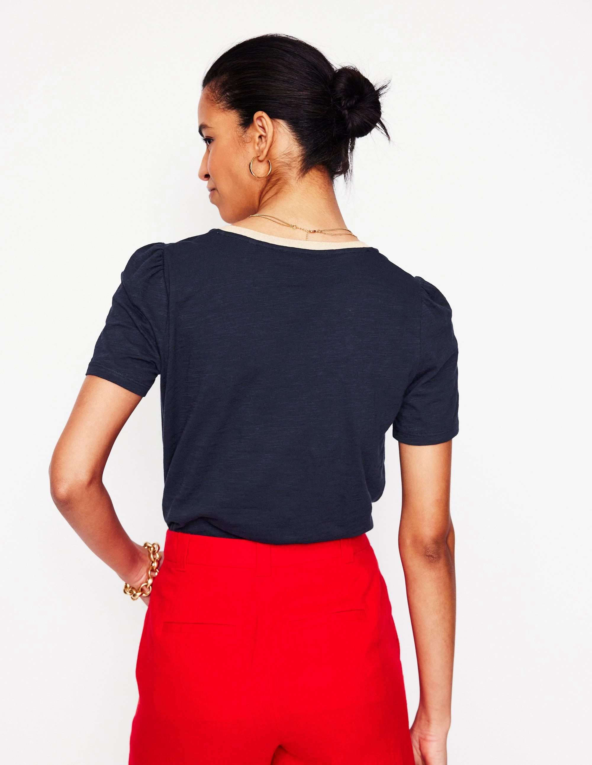 Soft Brushed Finish Metallic Trim V Neck T-shirt-Navy