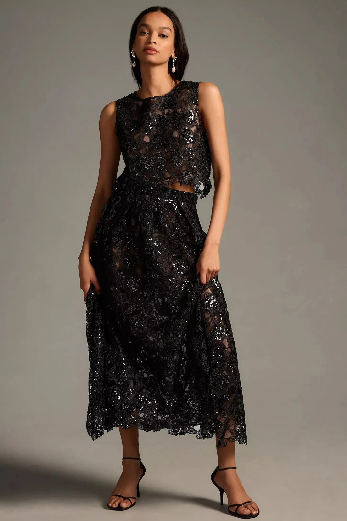 ruffle trim Anti Pilling Fabric Embroidered Lace Shine Maxi Skirt