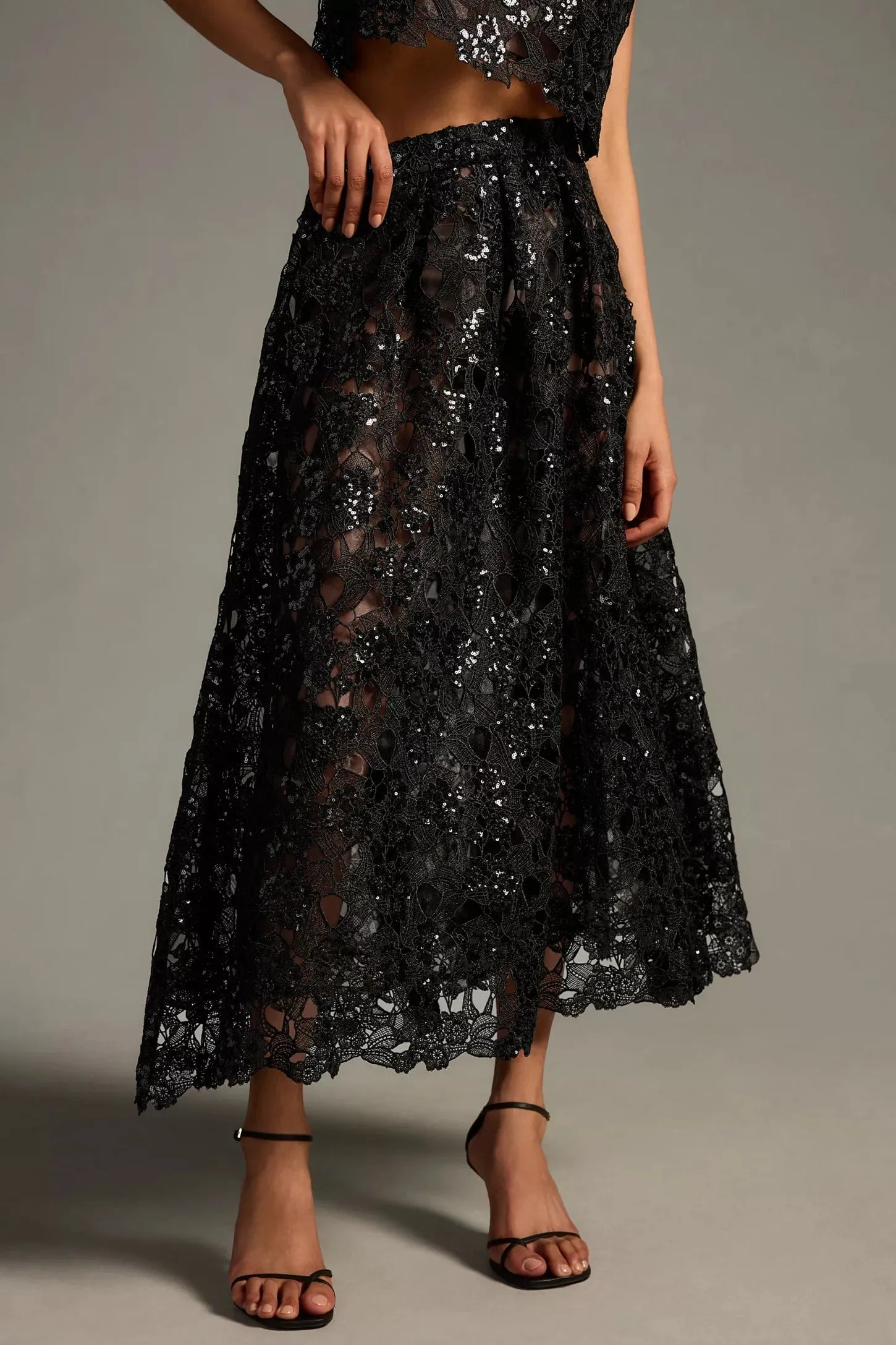 Lightweight Fabric Embroidered Lace Shine Maxi Skirt