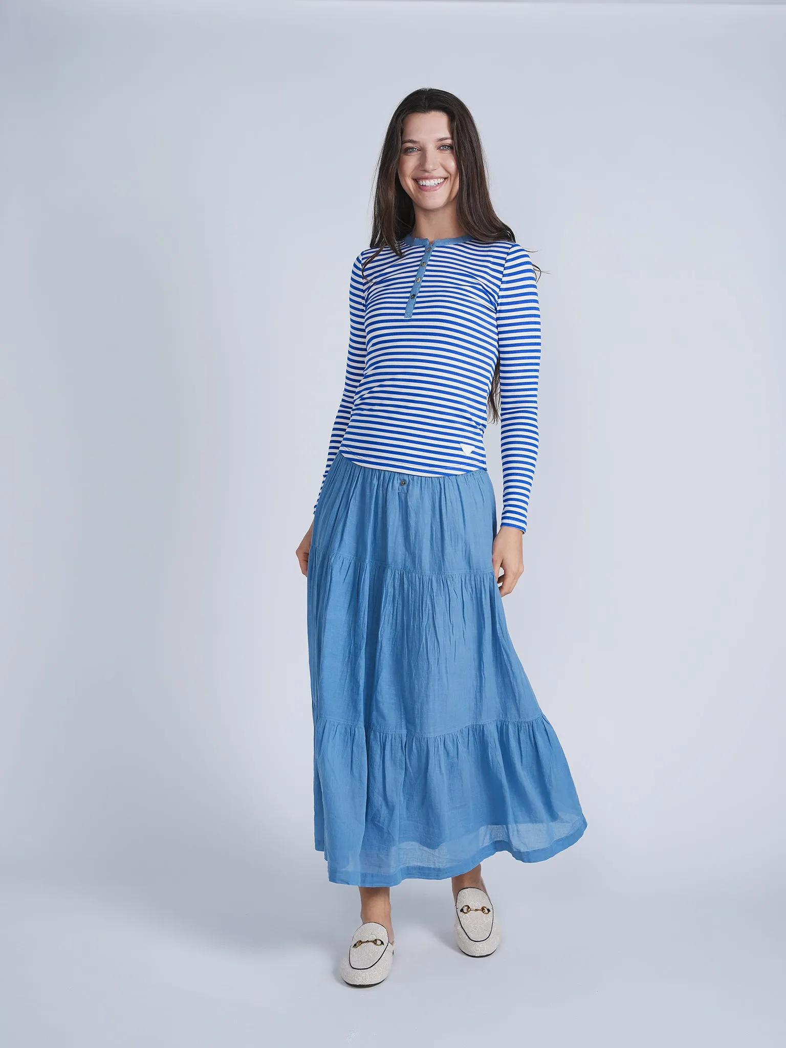 Simple Layers Minimal Design FYI Light Denim Tiered Long Skirt SB4CPT5103S
