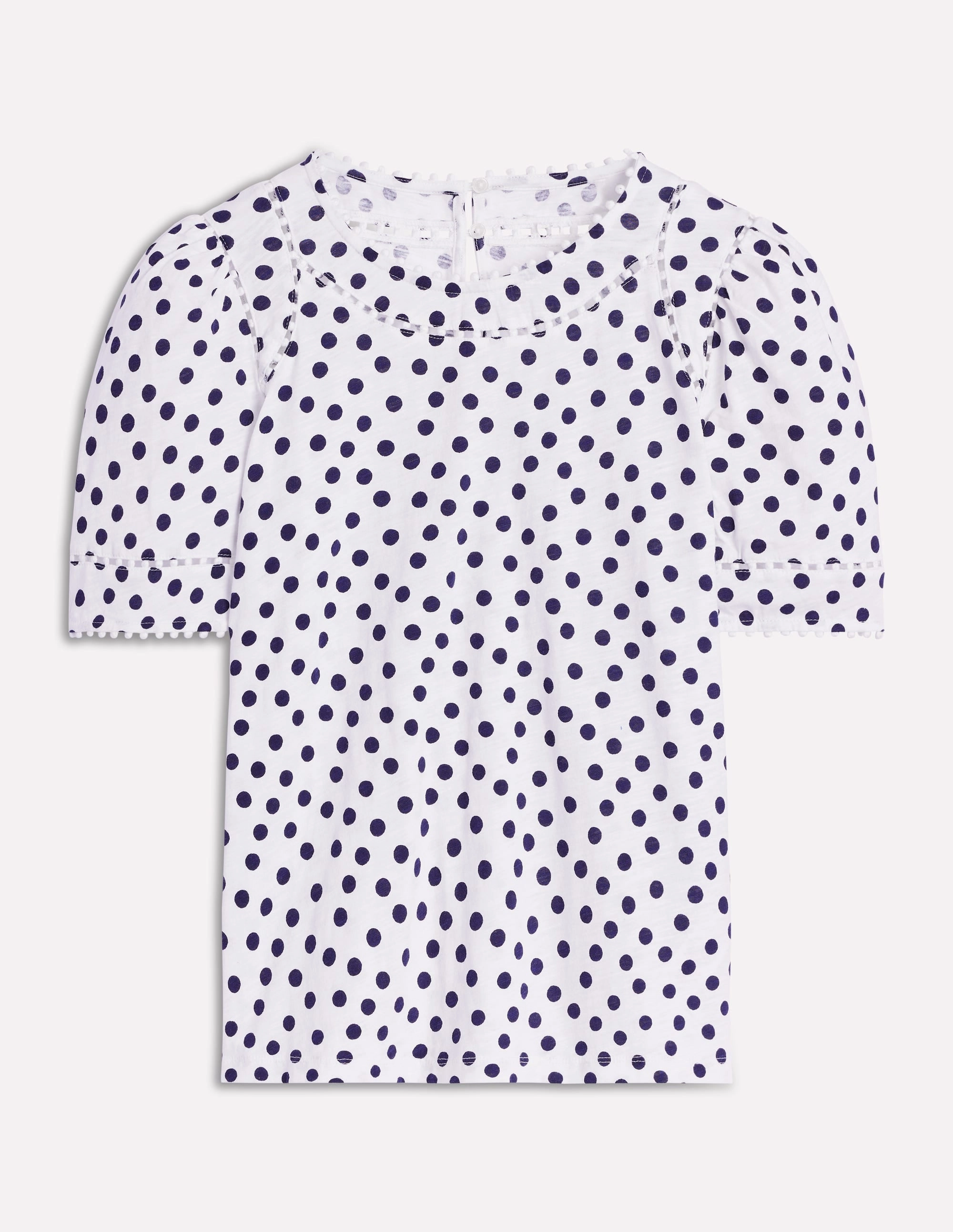 Mila Trim Detail Top-Ivory, French Navy Dot QuickDry Low Profile Zipper Closure
