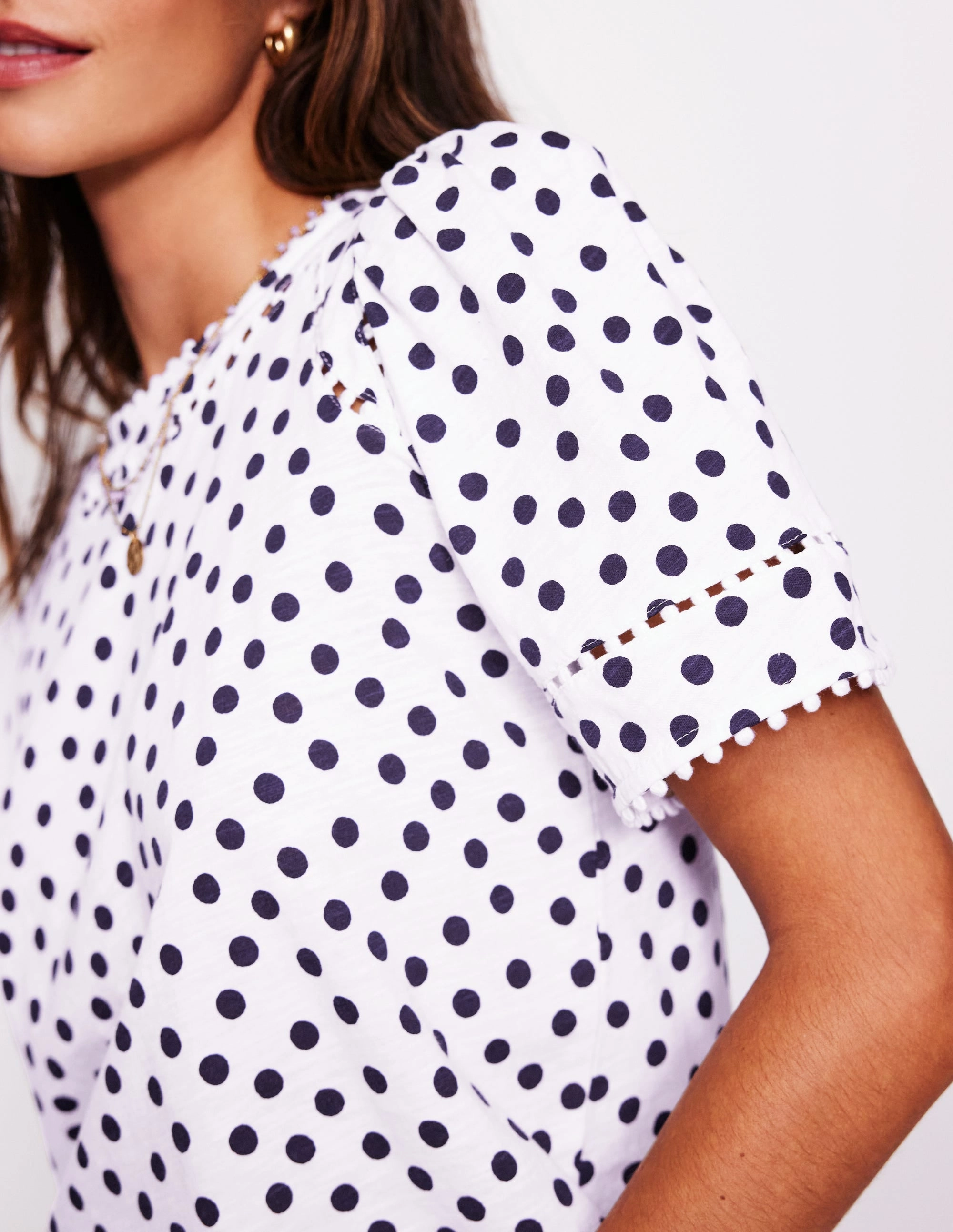 Slim Fit Design ArticulatedElbowShaping Mila Trim Detail Top-Ivory, French Navy Dot