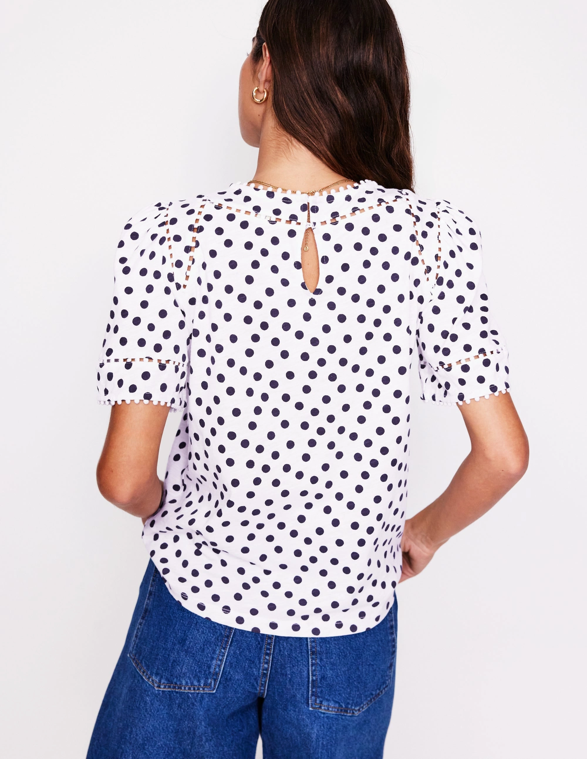 Mila Trim Detail Top-Ivory, French Navy Dot Relaxed Tee