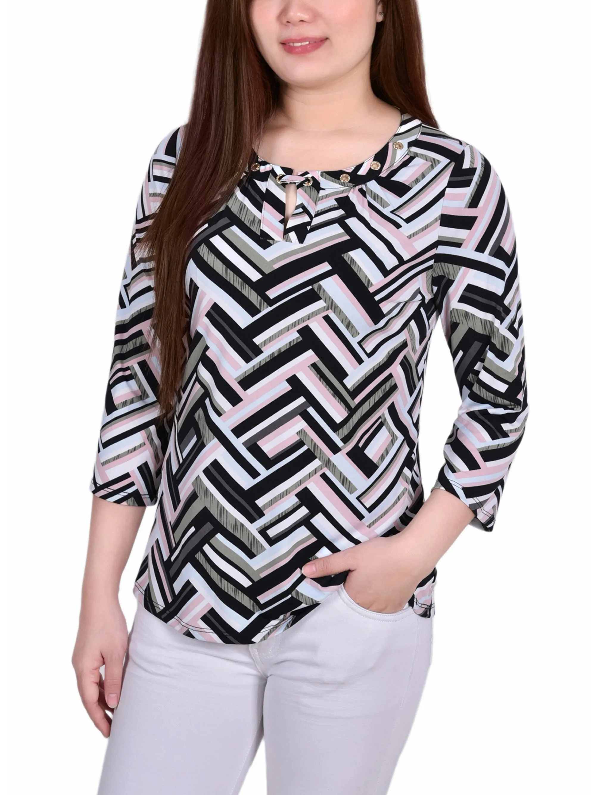 Breathable Construction Petite 3/4 Sleeve Grommet Top