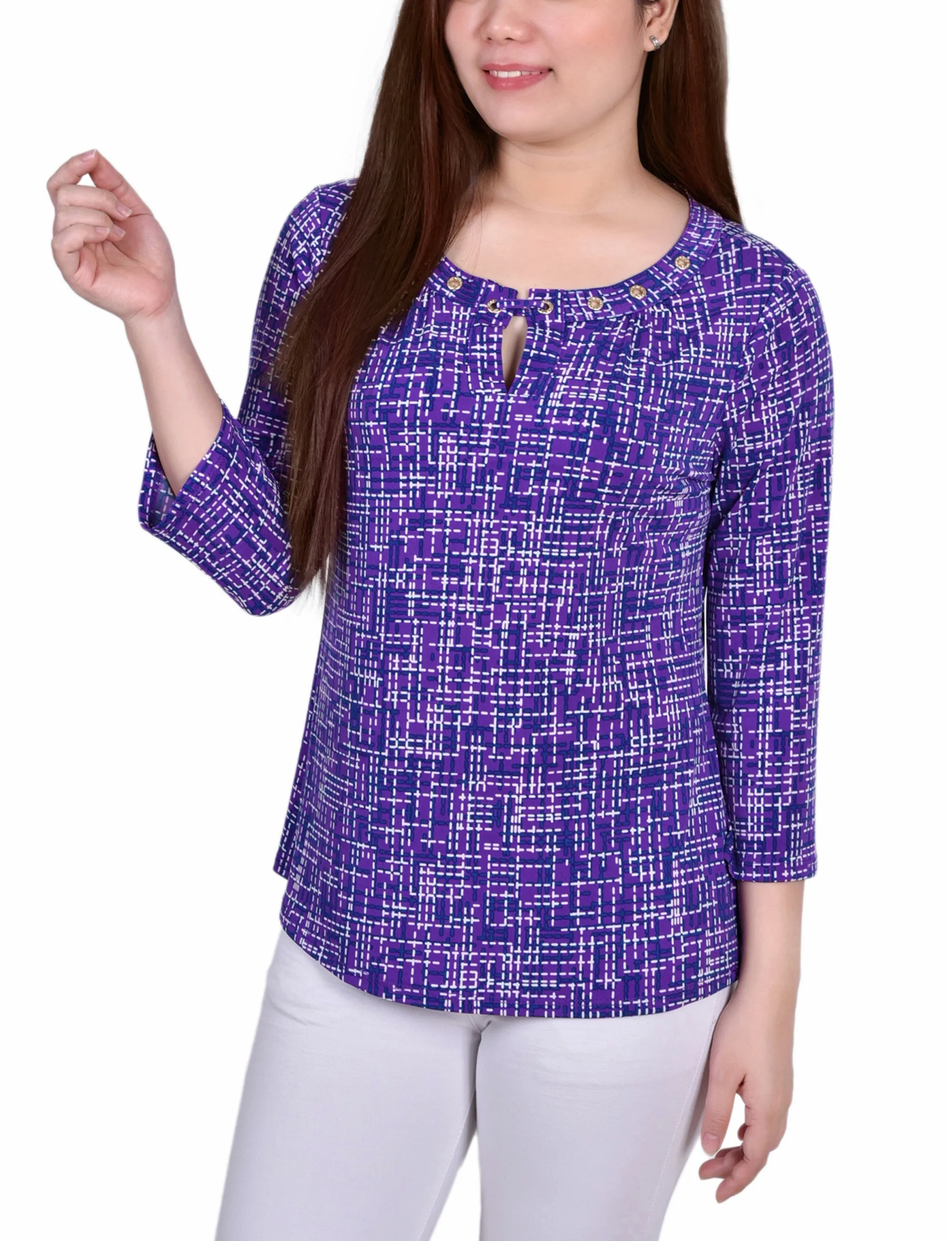 All-Purpose Mesh Lining Petite 3/4 Sleeve Grommet Top