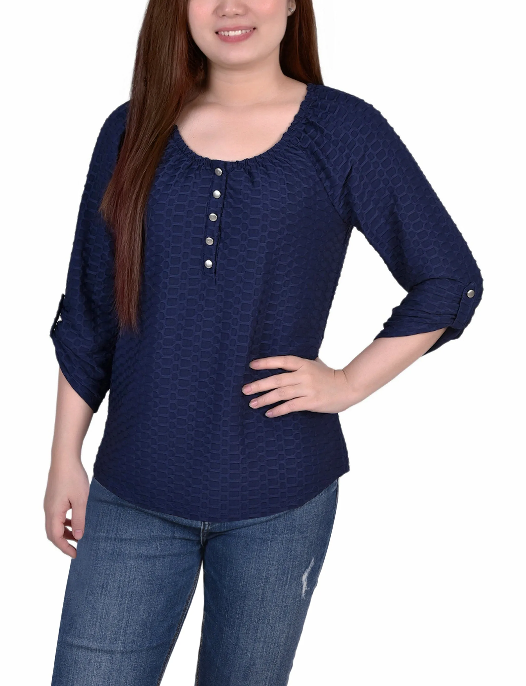 Interlock Stitching 3/4 Sleeve Honeycomb Henley Top