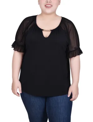 CrossBackDesign EasyClean Plus Size Short Ruffle Sleeve Top With Rhinestones