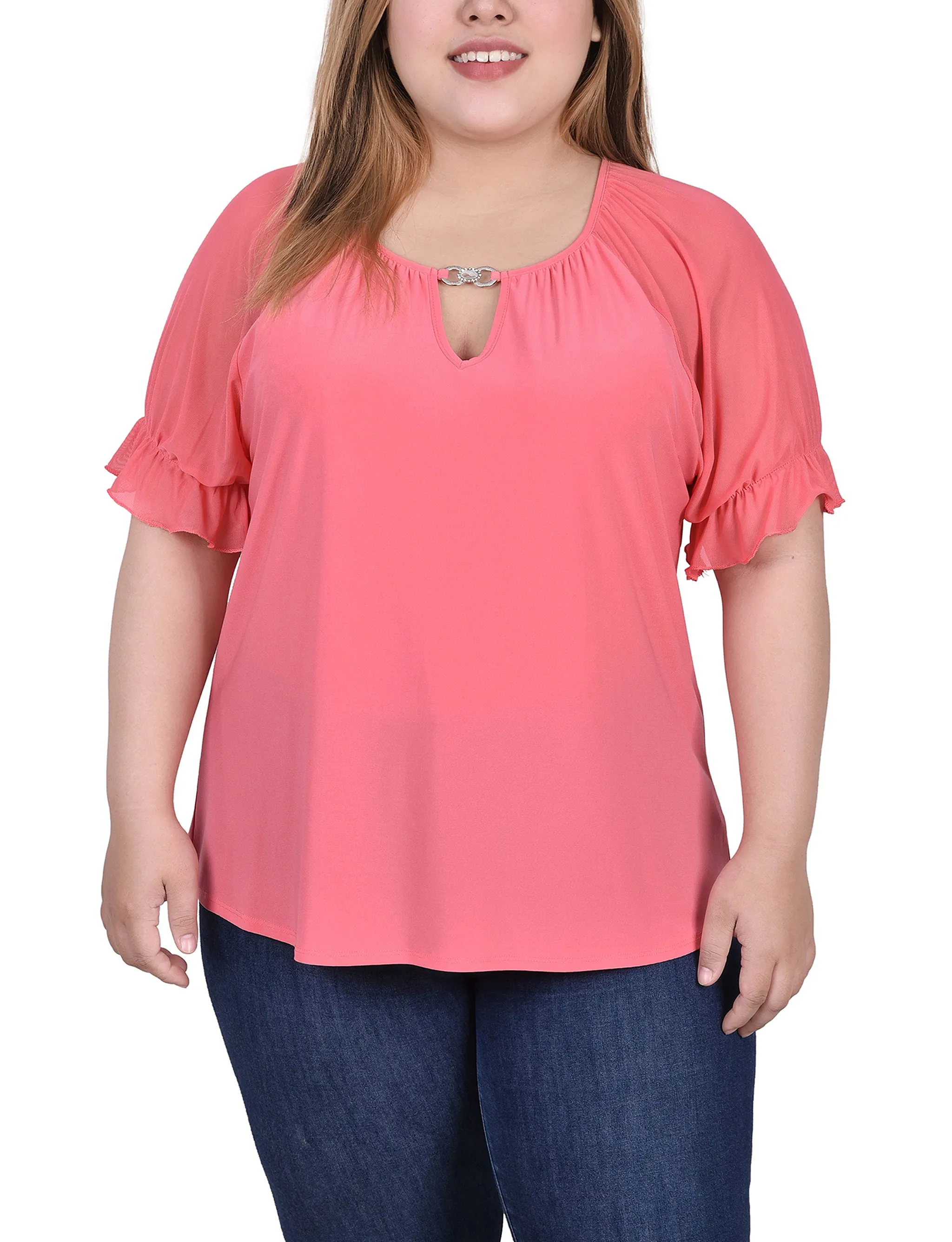 Plus Size Short Ruffle Sleeve Top With Rhinestones AntiStaticInnerLining Shape Retention Fabric