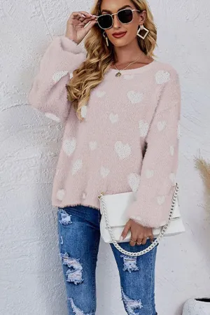 WOMEN OVERSIZED HEART PRINTING CUTE KNIT SWEATER Ventilation Panel BreathableMeshPanels