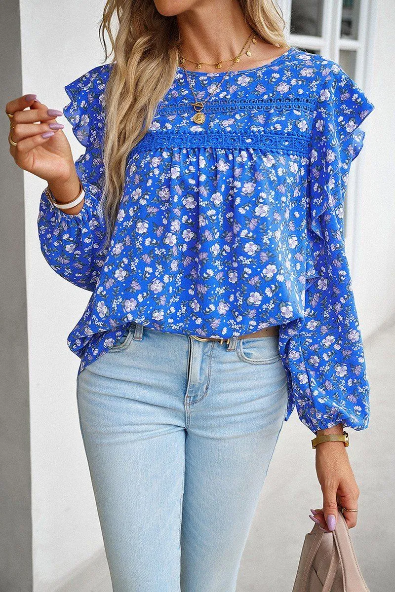 Layered Hem Detailing WOMEN LACE TRIM FRILL ANGEL SLEEVE FLORAL BLOUSE