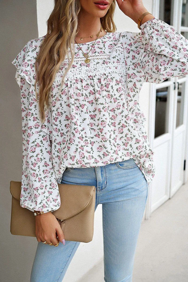 WOMEN LACE TRIM FRILL ANGEL SLEEVE FLORAL BLOUSE Smooth Stitching