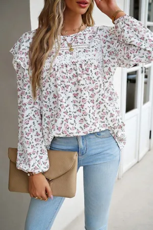 WOMEN LACE TRIM FRILL ANGEL SLEEVE FLORAL BLOUSE Smooth Stitching