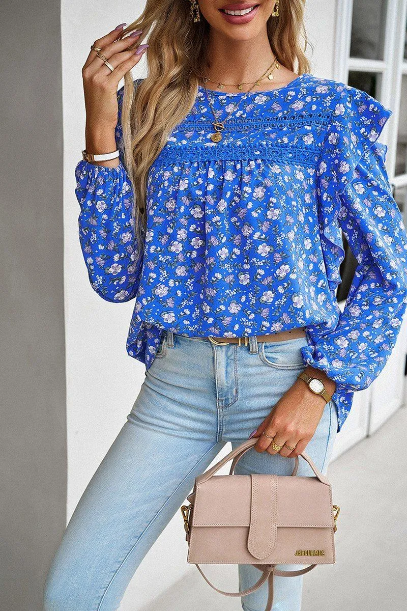 Wool Sweater WOMEN LACE TRIM FRILL ANGEL SLEEVE FLORAL BLOUSE