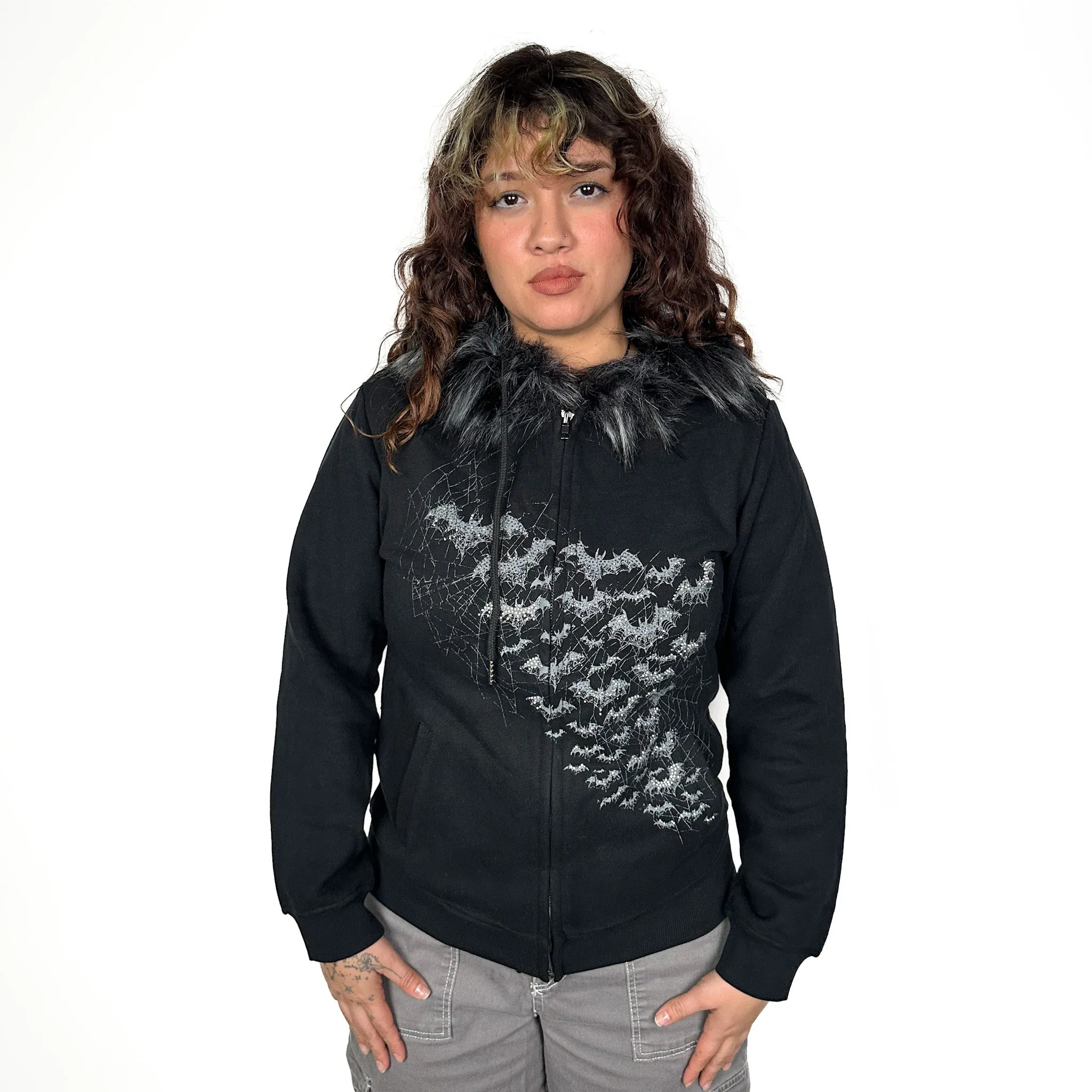 Midnight Bats Fuzzy Fur Rhinestone Zip up Hoodie Wicked Misfit