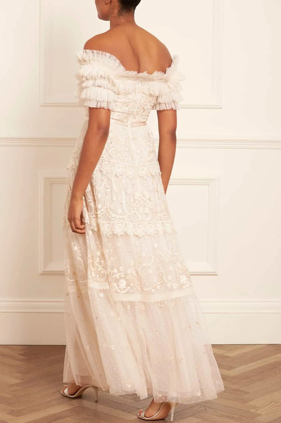 Ruched-Detail Midsummer Lace Off-Shoulder Gown