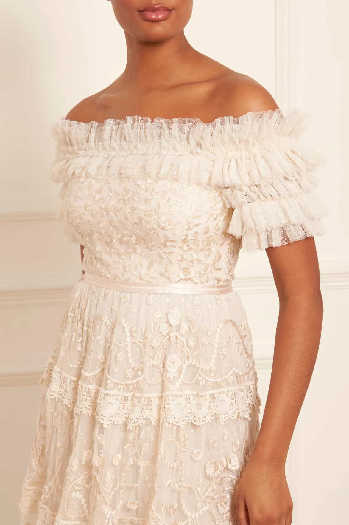 Midsummer Lace Off-Shoulder Gown Velvet-Sleeve