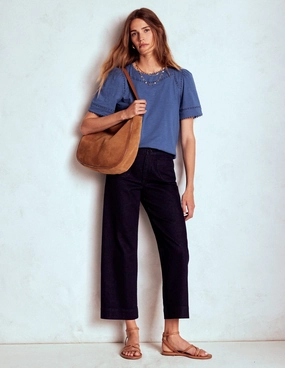 AdjustableCuffs Mila Lace Trim Top-Denim Blue